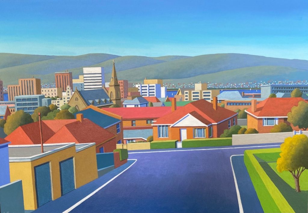 'Adelaide Street' - acrylic on canvas - painting size 45 cm H x 65 cm W - frame size 48 cm H x 68 cm W