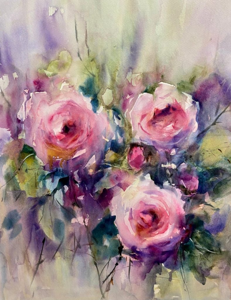 'Pretty in Pink' - watercolour - painting 70 cm H x 53 cm W - frame 93 cm H x 75 cm W